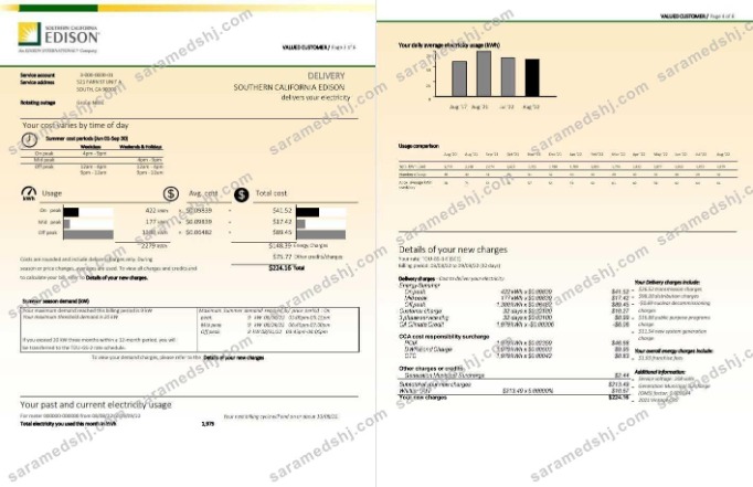 USA Southern California EDISON utility bill, Word and PDF template, 8 pages 3 4